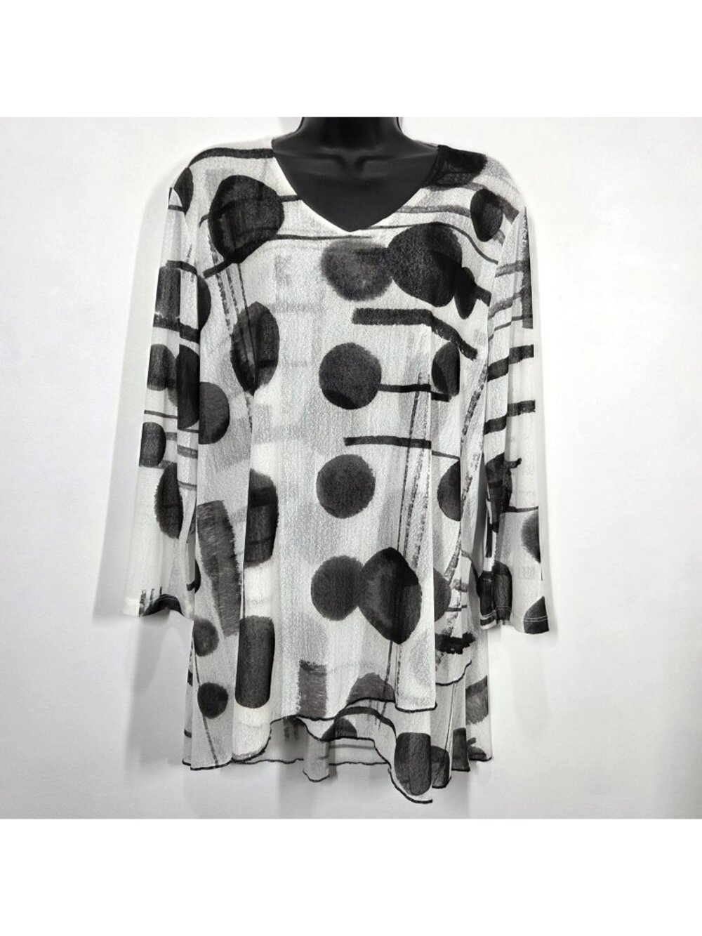 Jess & Jane Top Large White Black Dot Crepe Mesh Criss Cross Hem Artsy Tunic